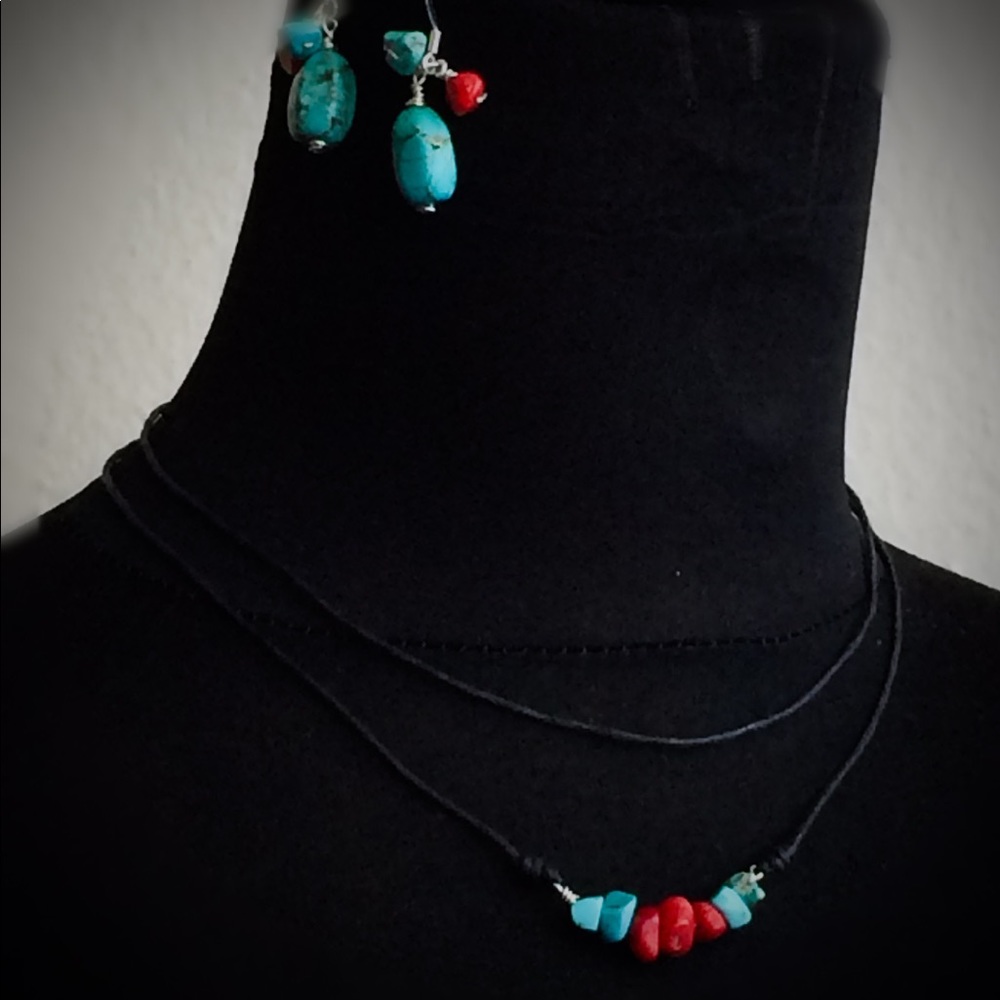 Coral & Turquoise Sterling S. Necklace + Earrings
